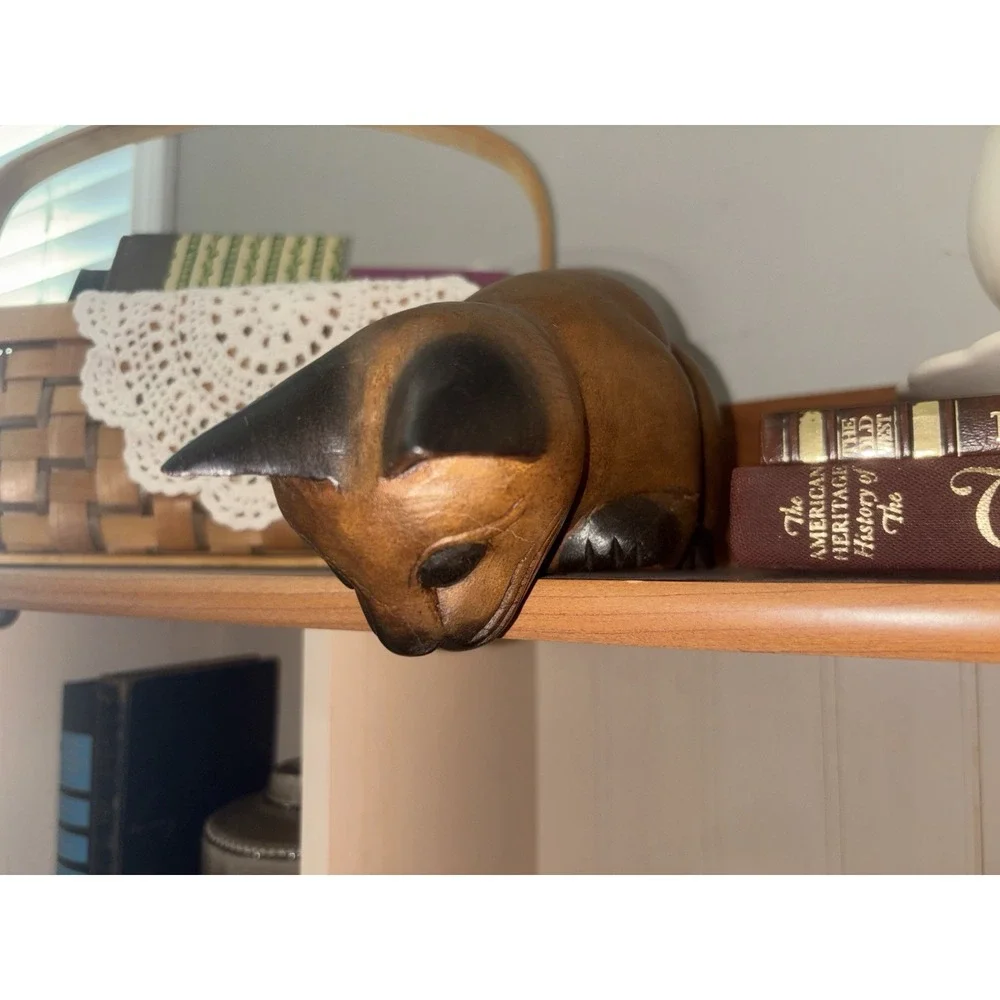 Vintage Handmade Carved Wooden Cat Shelf Sitter Peeking Cat Folk Art